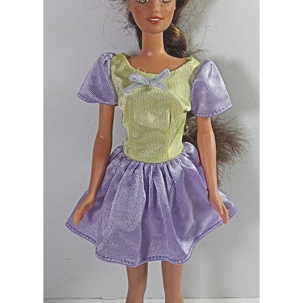 Vintage Barbie Doll Clothing Dress Mattel Purple Yellow Mini Short Sleeve Bow
